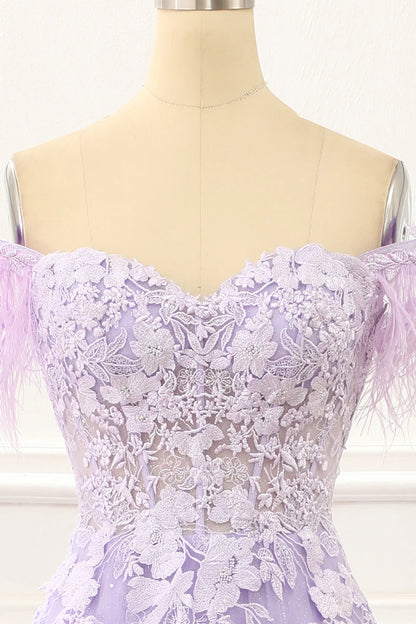 Off Shoulder Appliques Lavender Prom Dress With Feathers