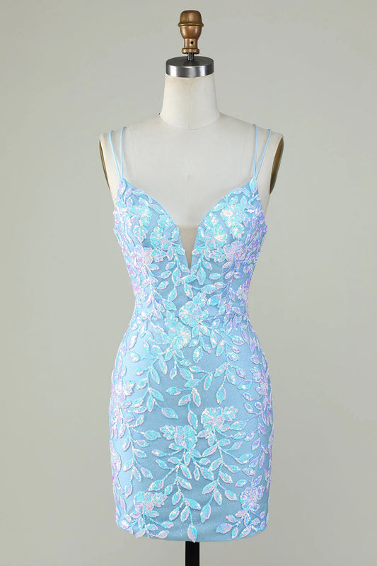 Light Blue Glitter Lace-Up Back Tight Homecoming Dress