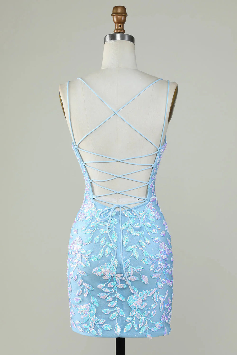 Light Blue Glitter Lace-Up Back Tight Homecoming Dress