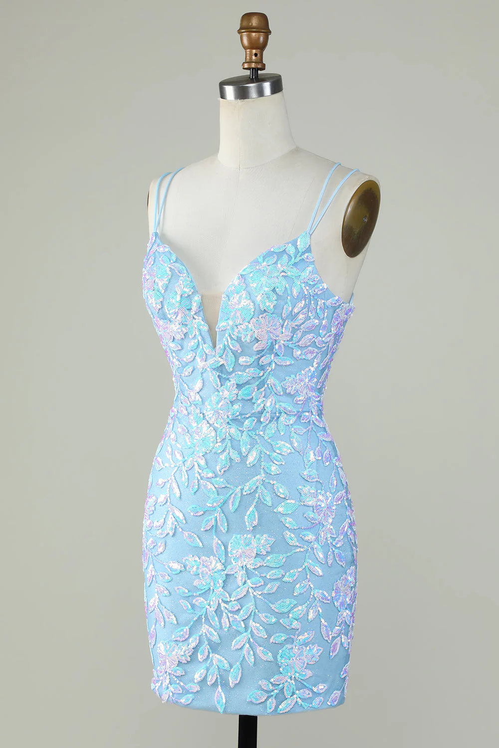 Light Blue Glitter Lace-Up Back Tight Homecoming Dress