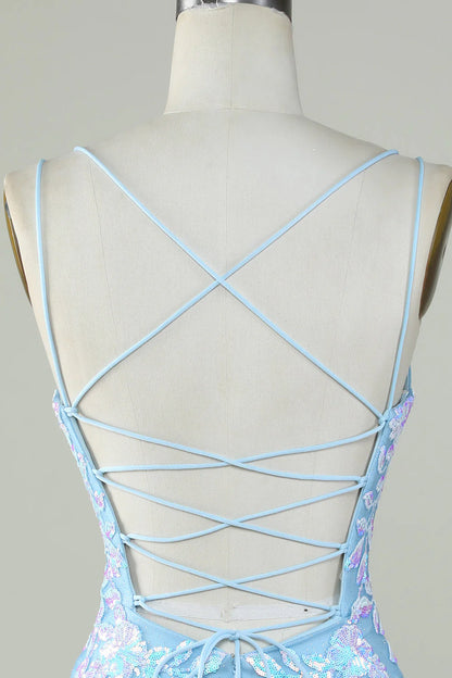 Light Blue Glitter Lace-Up Back Tight Homecoming Dress