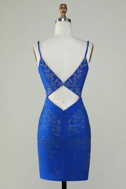 Beaded Spaghetti Straps Tight Royal Blue Homecoming Dress