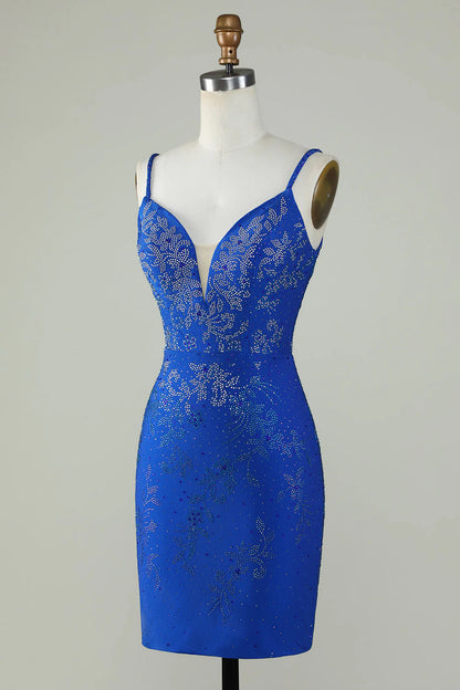 Beaded Spaghetti Straps Tight Royal Blue Homecoming Dress