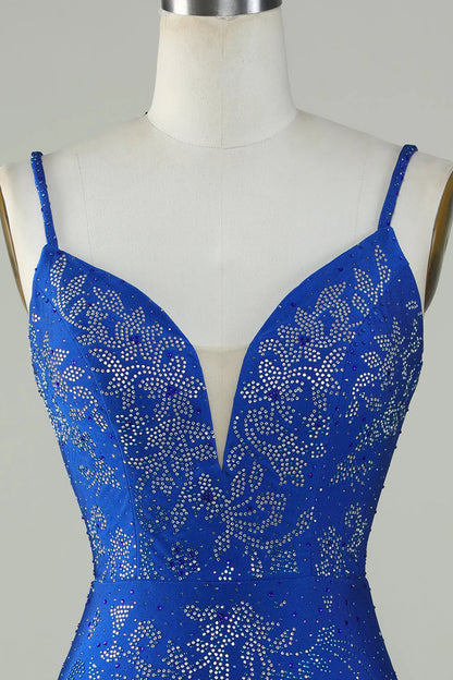 Beaded Spaghetti Straps Tight Royal Blue Homecoming Dress