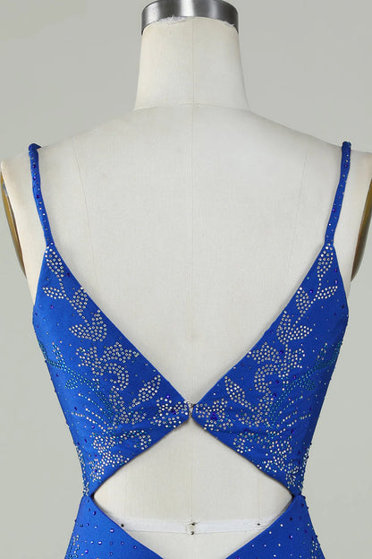 Beaded Spaghetti Straps Tight Royal Blue Homecoming Dress