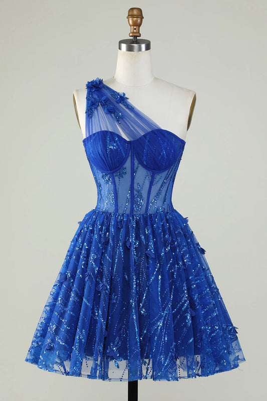 A Line Corset One Shoulder Royal Blue Homecoming Dress With Beaded