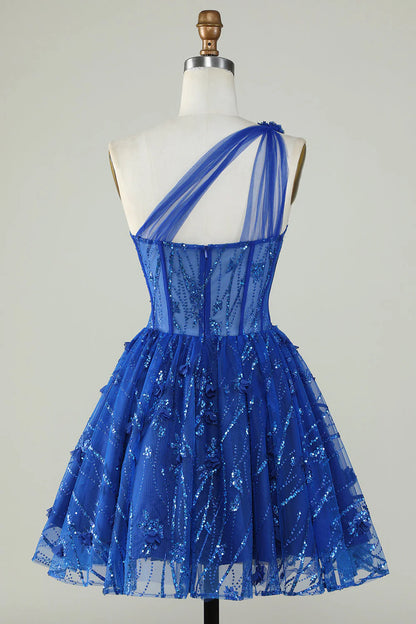 A Line Corset One Shoulder Royal Blue Homecoming Dress With Beaded