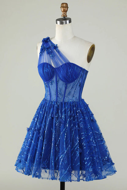 A Line Corset One Shoulder Royal Blue Homecoming Dress With Beaded