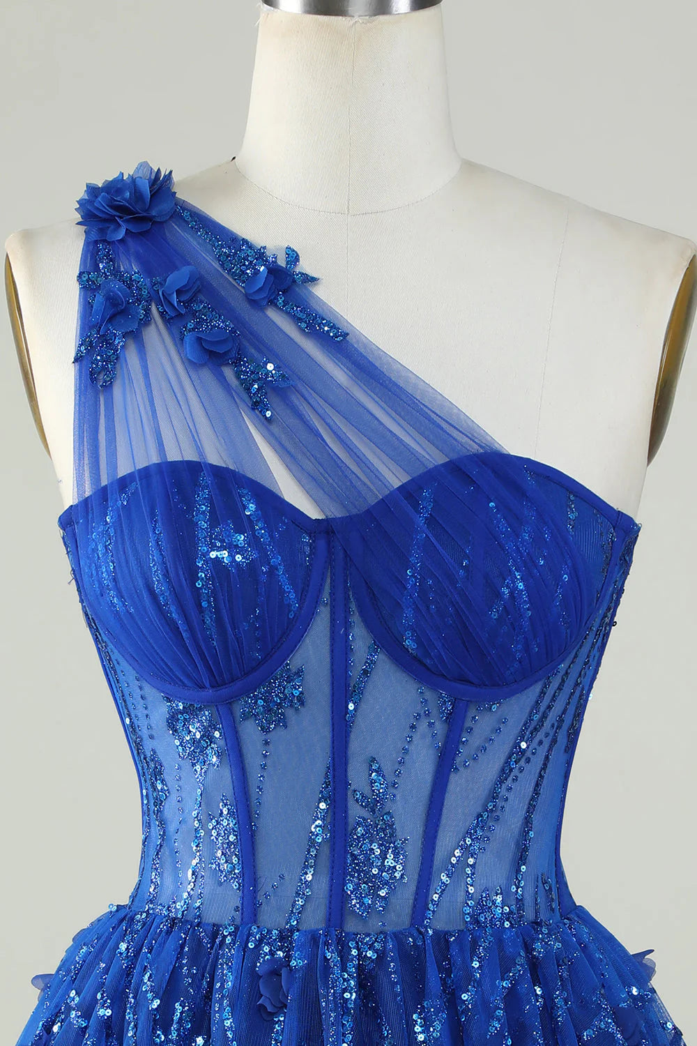 A Line Corset One Shoulder Royal Blue Homecoming Dress With Beaded