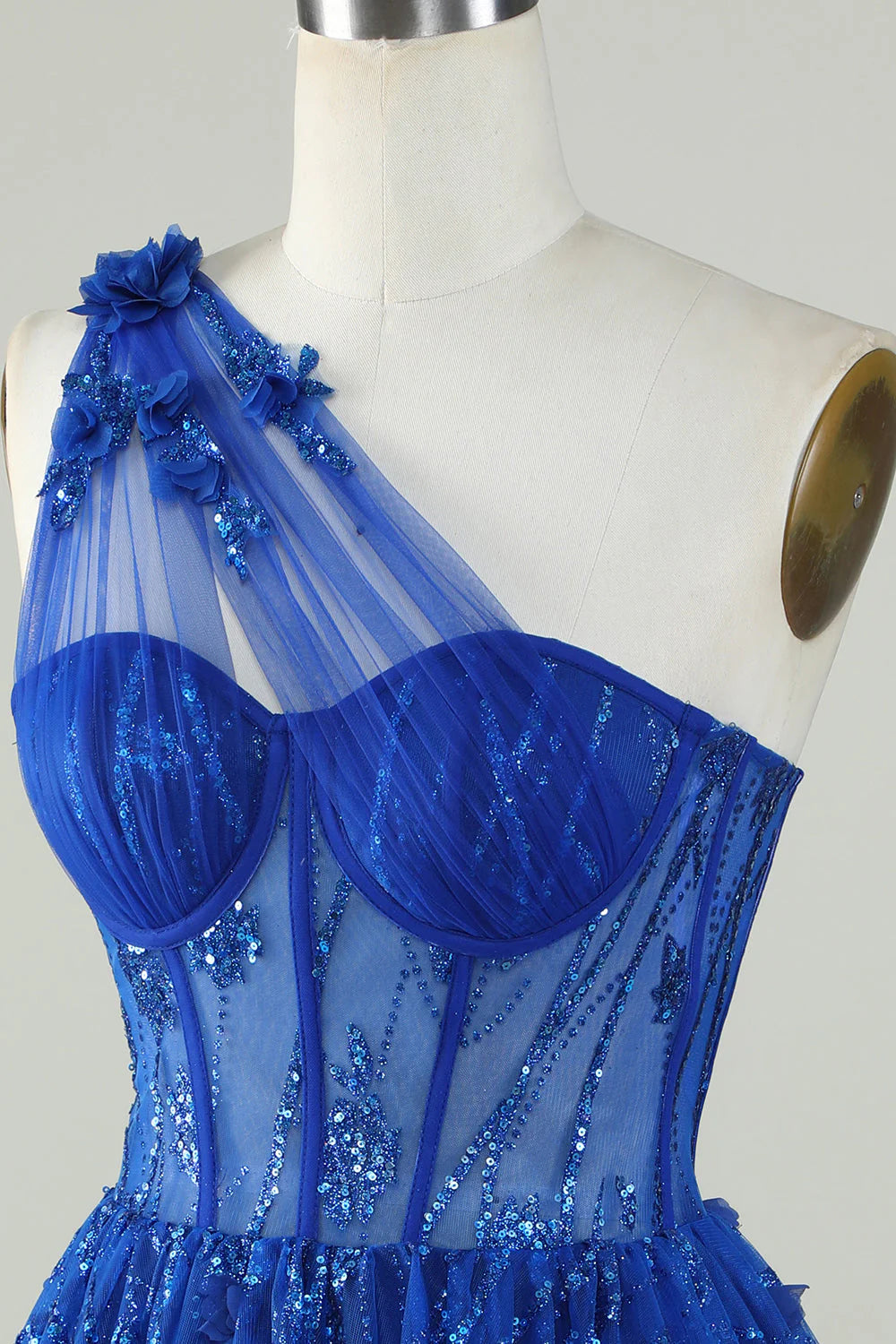 A Line Corset One Shoulder Royal Blue Homecoming Dress With Beaded