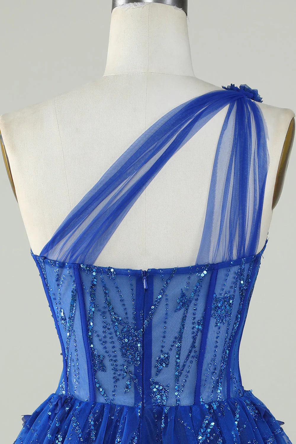 A Line Corset One Shoulder Royal Blue Homecoming Dress With Beaded