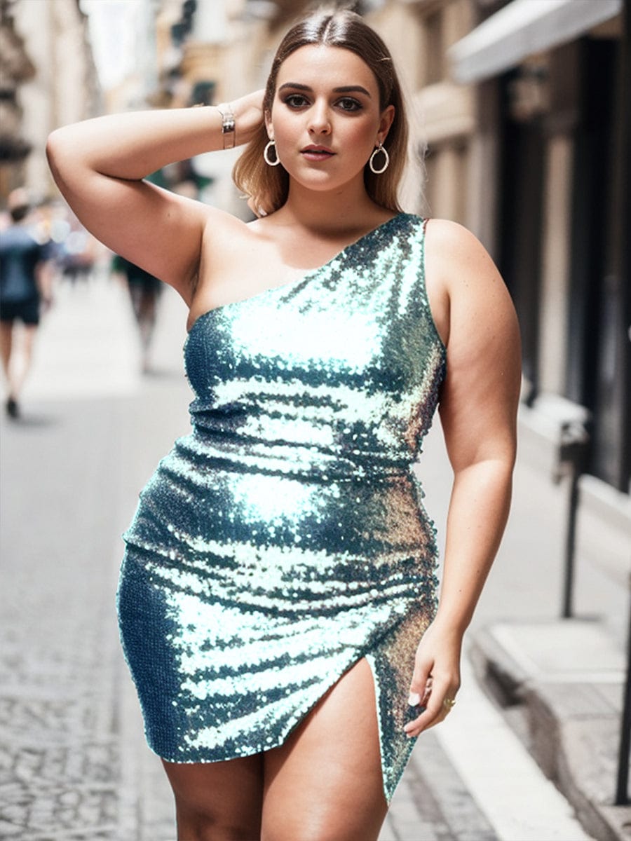 Weitese Plus Size Shiny One Shoulder Sequin Bodycon Sleeveless Homecoming Dress