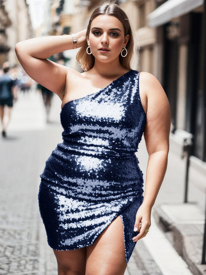 Weitese Plus Size Shiny One Shoulder Sequin Bodycon Sleeveless Homecoming Dress