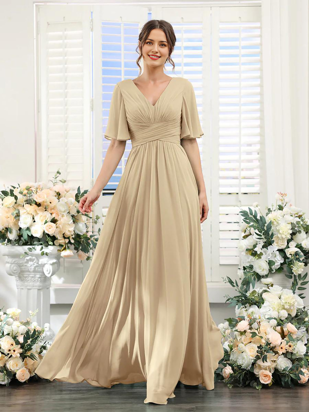 A-Line V-Neck Short Sleeve Bridesmaid Dress for Wedding Guest Long Chiffon Formal Party Dresses with Slit