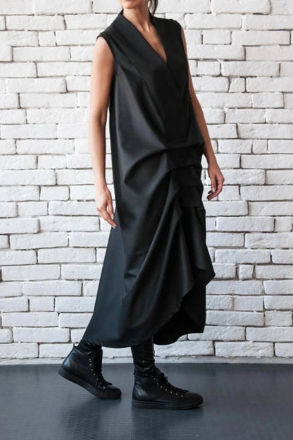 Chic Asymmetric Black Dress Loose V Neck Dress Sleeveless Maxi Dress With Drapings