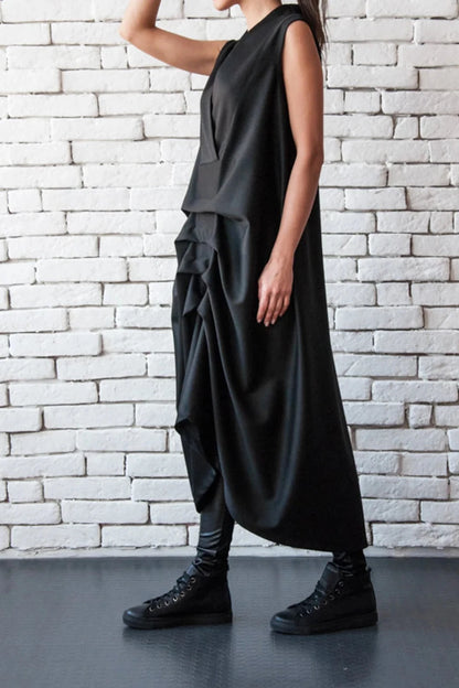 Chic Asymmetric Black Dress Loose V Neck Dress Sleeveless Maxi Dress With Drapings