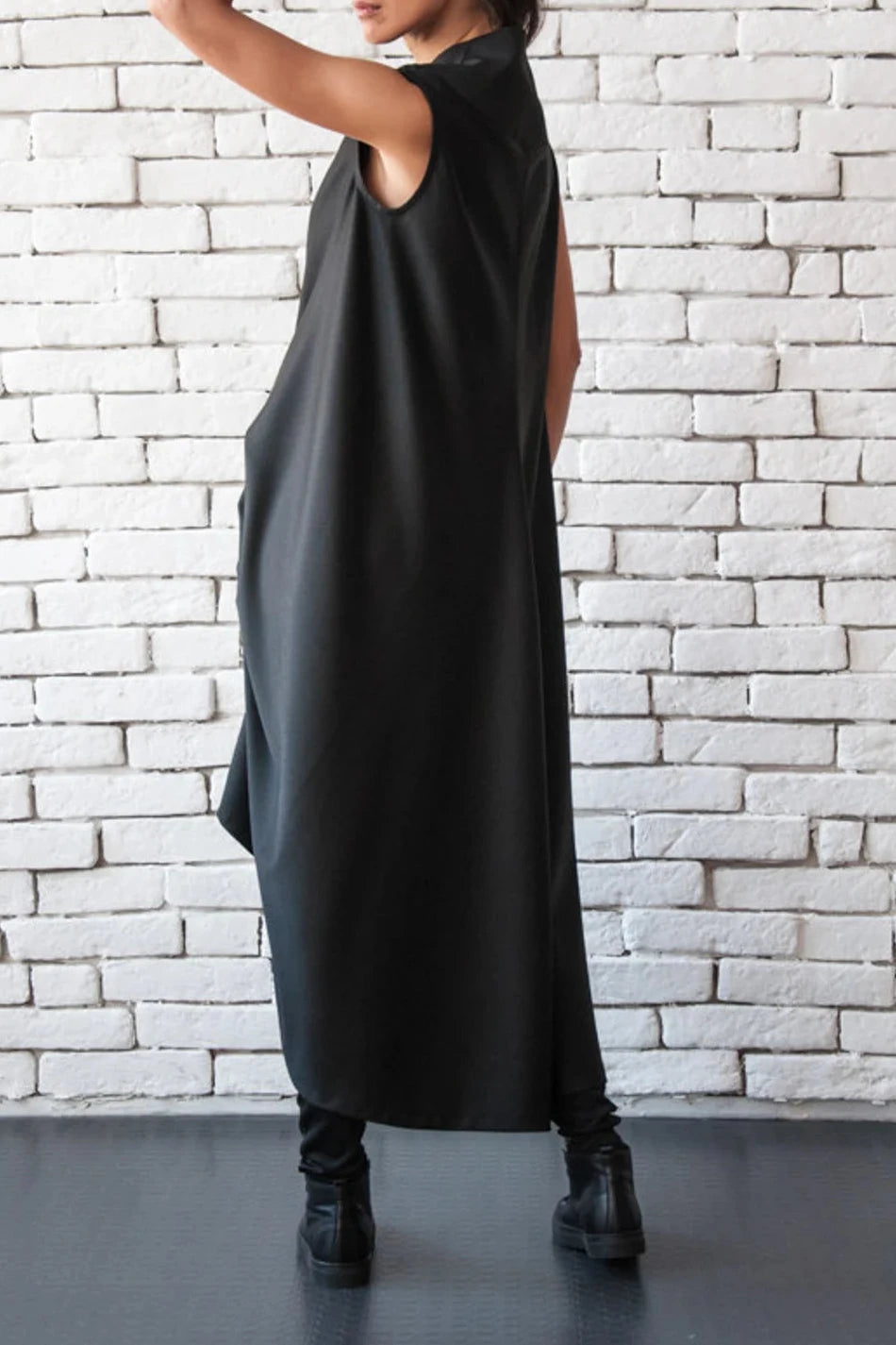 Chic Asymmetric Black Dress Loose V Neck Dress Sleeveless Maxi Dress With Drapings