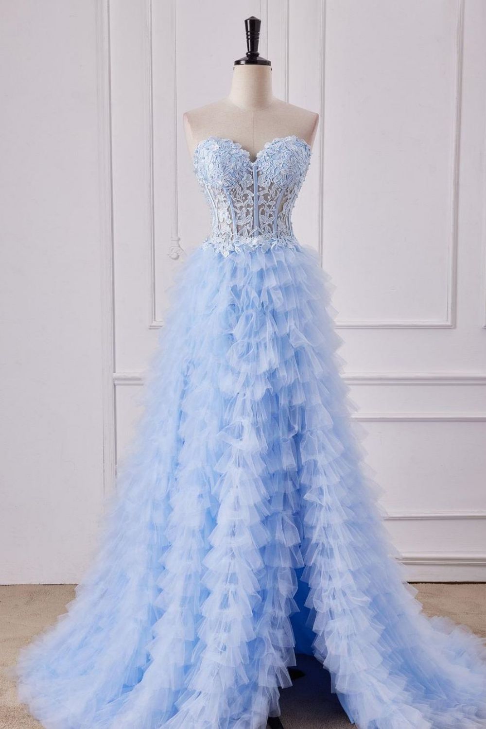 Weitese Cute Light Blue Sweetheart A-Line Lace Top Long Tulle Prom Dress With Slit