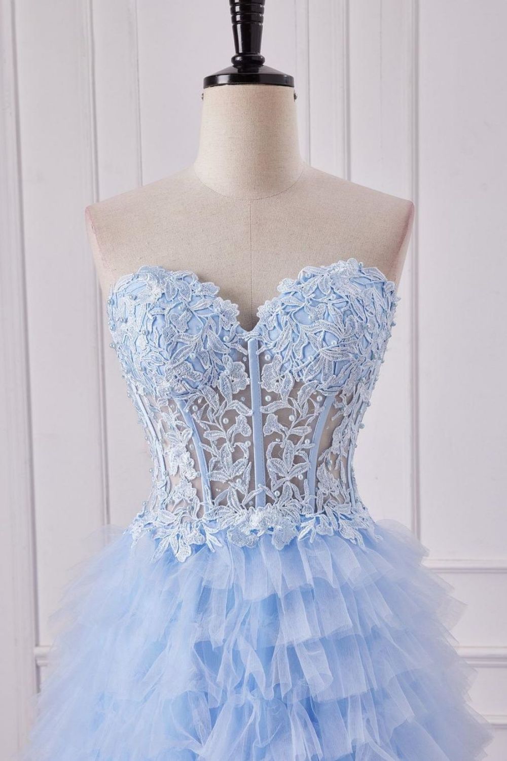 Weitese Cute Light Blue Sweetheart A-Line Lace Top Long Tulle Prom Dress With Slit