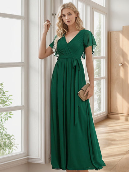 Weitese  A-Line Pleated Chiffon Tie-Waist Evening Dress