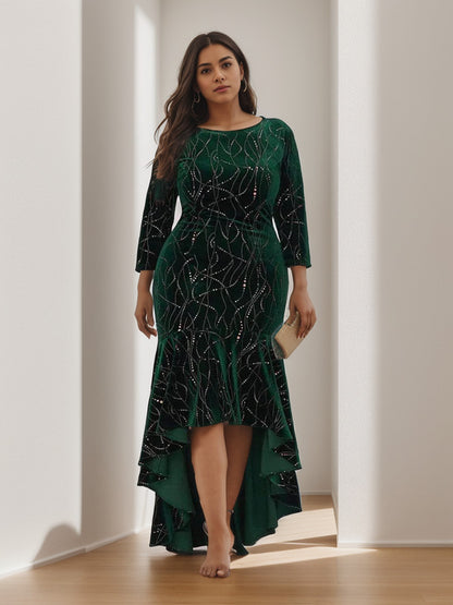 Weitese Elegant Plus Size Bodycon High-Low Formal Velvet Party Dress