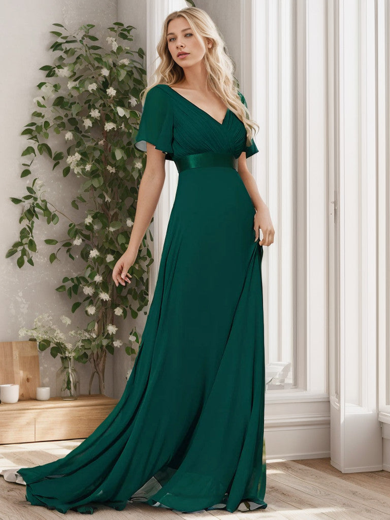 Weitese Long Chiffon Empire Waist Bridesmaid Dress with Short Flutter Sleeves