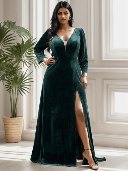 Weitese Plus Size Velvet Plunging V-Neck Front Slit 34 Sleeve Evening Dress