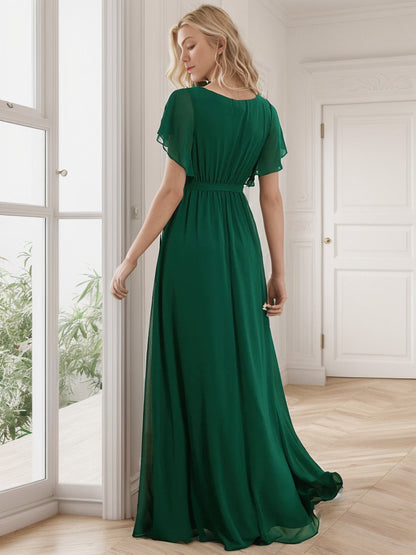 Weitese  A-Line Pleated Chiffon Tie-Waist Evening Dress