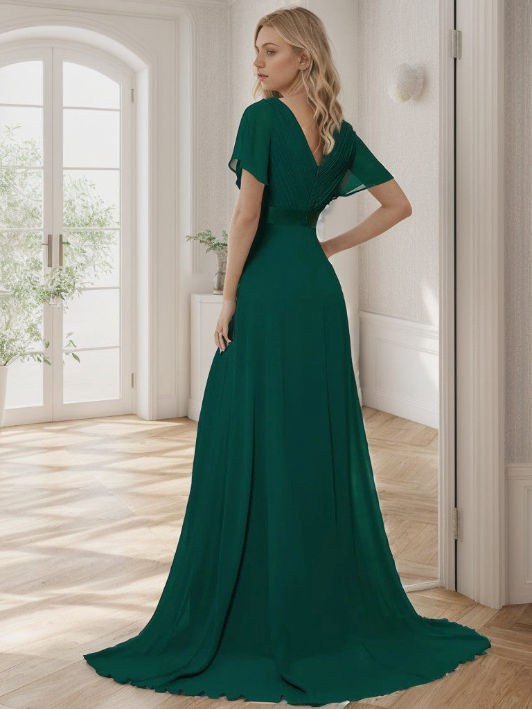 Weitese Long Chiffon Empire Waist Bridesmaid Dress with Short Flutter Sleeves