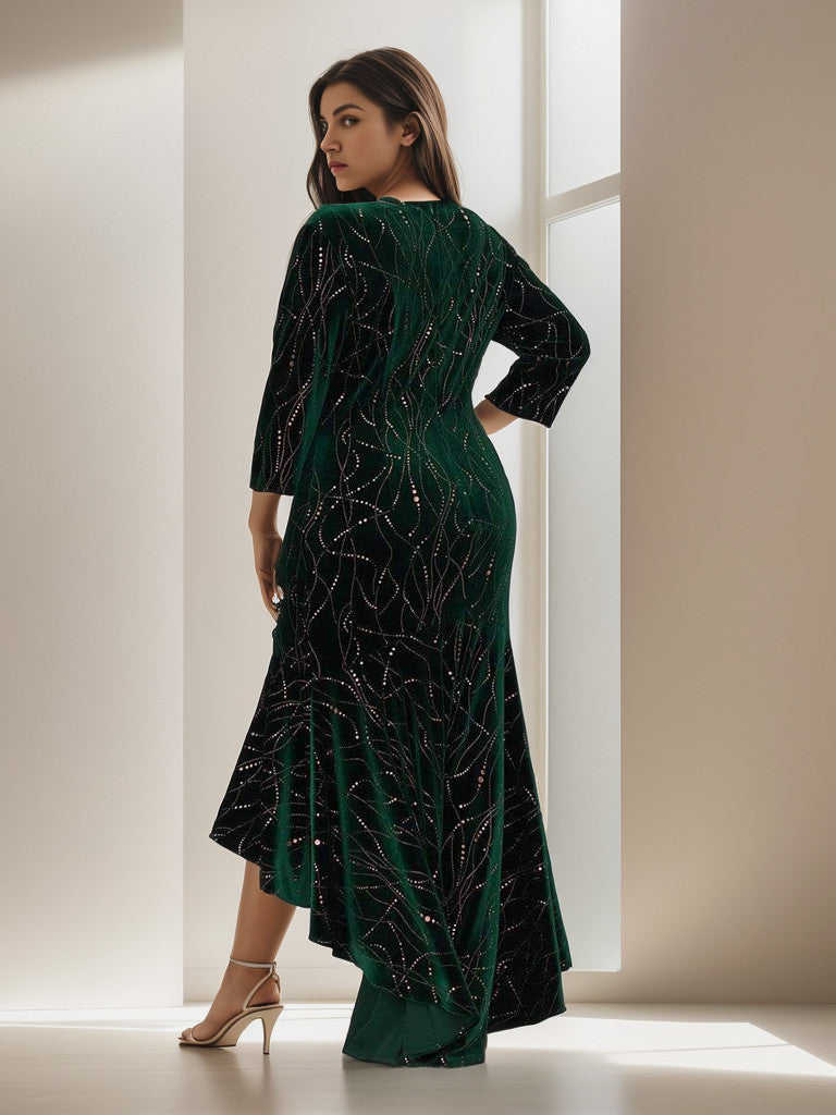 Weitese Elegant Plus Size Bodycon High-Low Formal Velvet Party Dress