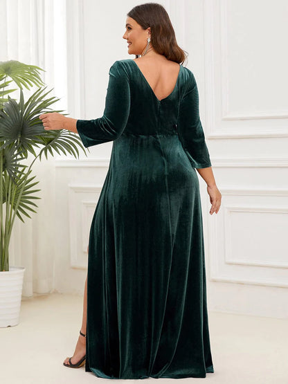 Weitese Plus Size Velvet Plunging V-Neck Front Slit 34 Sleeve Evening Dress