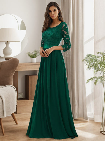 Weitese See-Through Floor Length Lace Chiffon Evening Dress with Half Sleeve