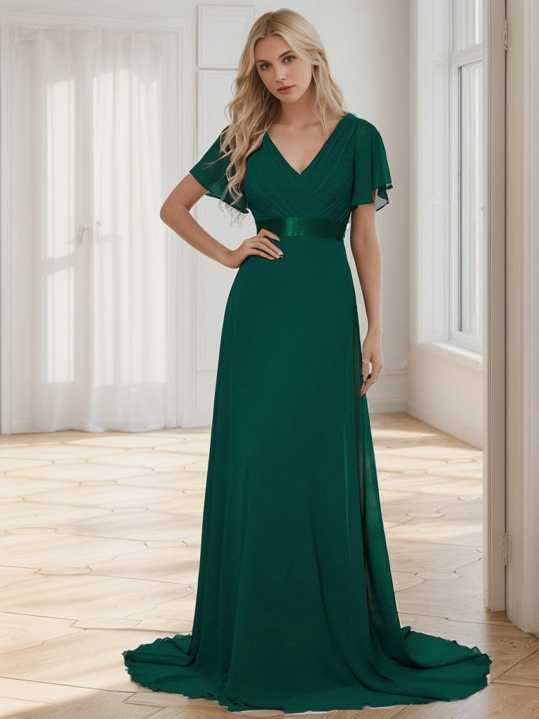 Weitese Long Chiffon Empire Waist Bridesmaid Dress with Short Flutter Sleeves