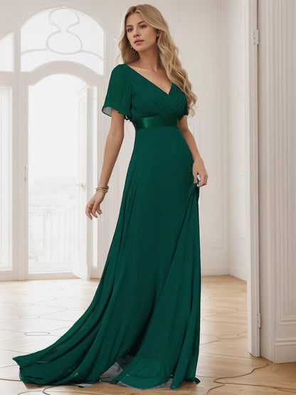 Weitese Long Chiffon Empire Waist Bridesmaid Dress with Short Flutter Sleeves