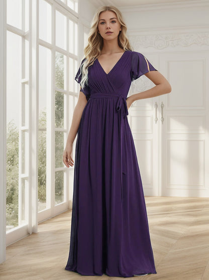 Weitese  A-Line Pleated Chiffon Tie-Waist Evening Dress