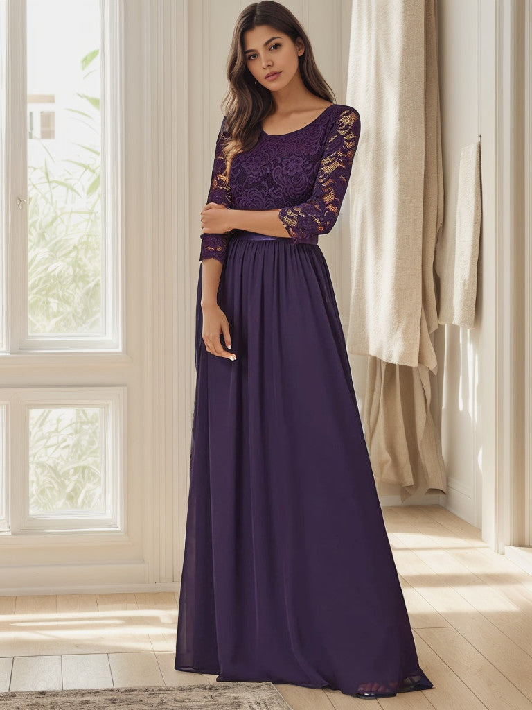 Weitese See-Through Floor Length Lace Chiffon Evening Dress with Half Sleeve