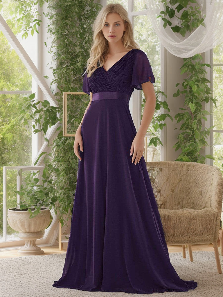 Weitese Long Chiffon Empire Waist Bridesmaid Dress with Short Flutter Sleeves