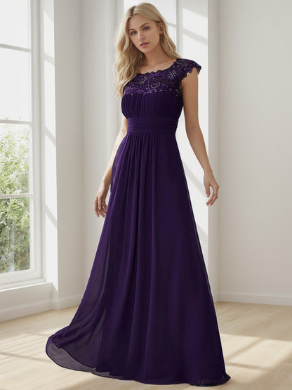 Weitese Classic Maxi Long Lace Cap Sleeve Bridesmaid Dress