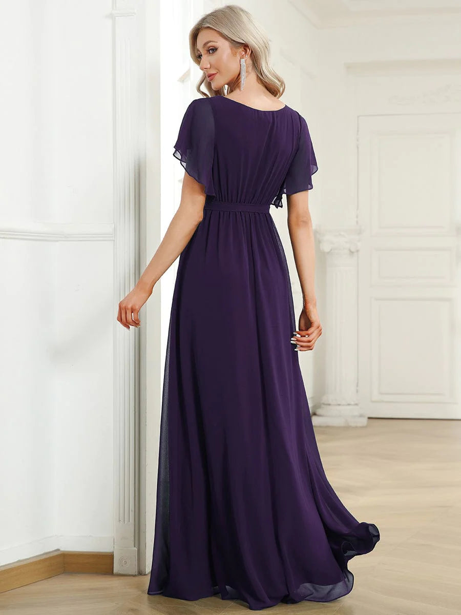 Weitese  A-Line Pleated Chiffon Tie-Waist Evening Dress