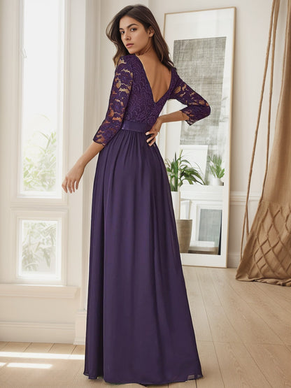 Weitese See-Through Floor Length Lace Chiffon Evening Dress with Half Sleeve