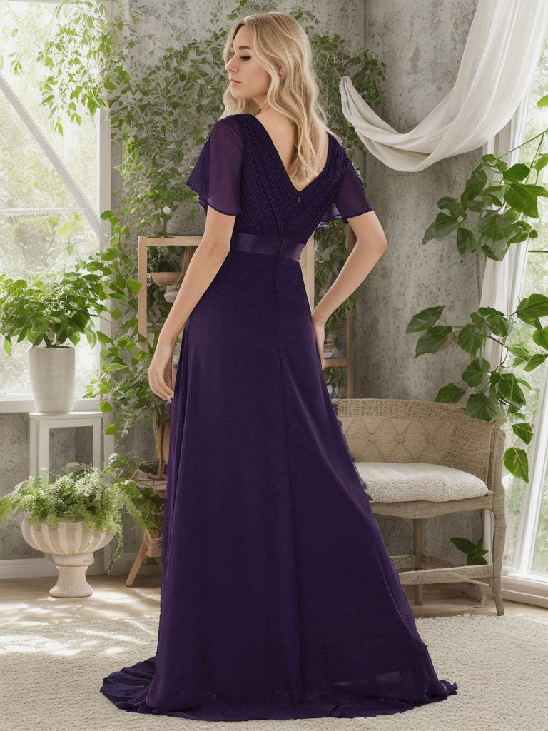 Weitese Long Chiffon Empire Waist Bridesmaid Dress with Short Flutter Sleeves