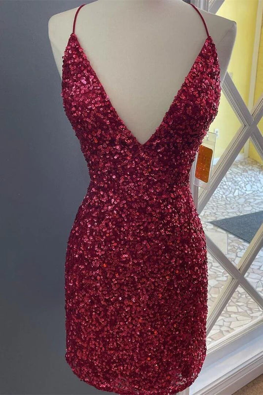 Deep V Neck Backless Burgundy Tight Homecoming Dress Short Sequined ﻿