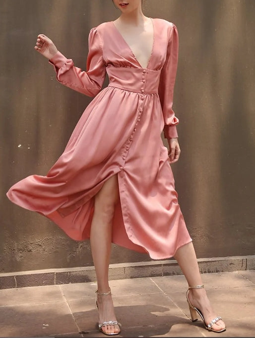 Deep V Neck Long Sleeves A-line Tea-Length Simple Prom Party Dress