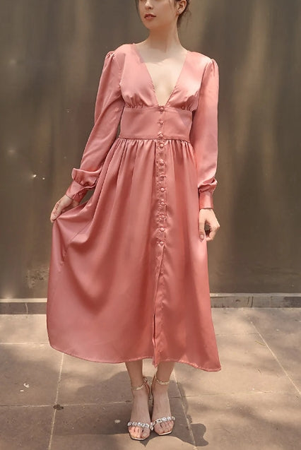 Deep V Neck Long Sleeves A-line Tea-Length Simple Prom Party Dress