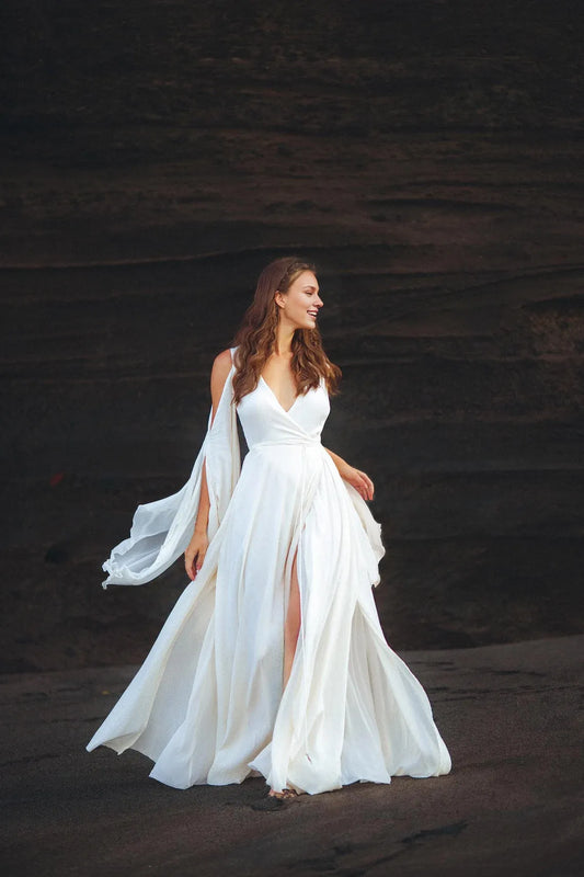 Deep V Neck Off-White Wedding Maxi Dress Wedding Gown Goddess Dress Elegant Dress Bridal Dress