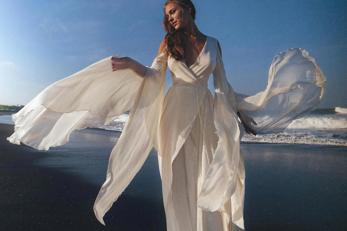 Deep V Neck Off-White Wedding Maxi Dress Wedding Gown Goddess Dress Elegant Dress Bridal Dress