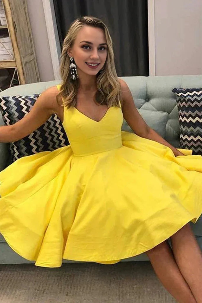 Deep V Neck Yellow Short Satin Mini Homecoming Dress Sleeveless