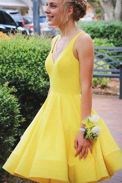 Deep V Neck Yellow Short Satin Mini Homecoming Dress Sleeveless