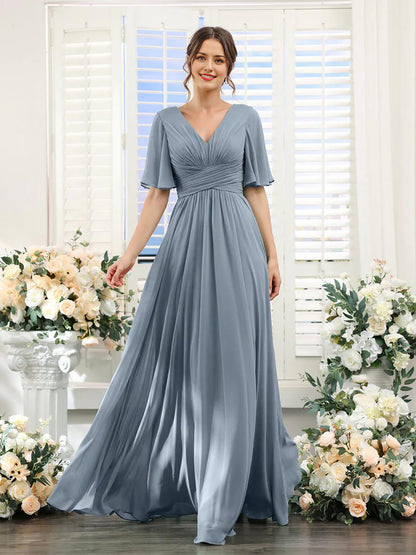 A-Line V-Neck Short Sleeve Bridesmaid Dress for Wedding Guest Long Chiffon Formal Party Dresses with Slit