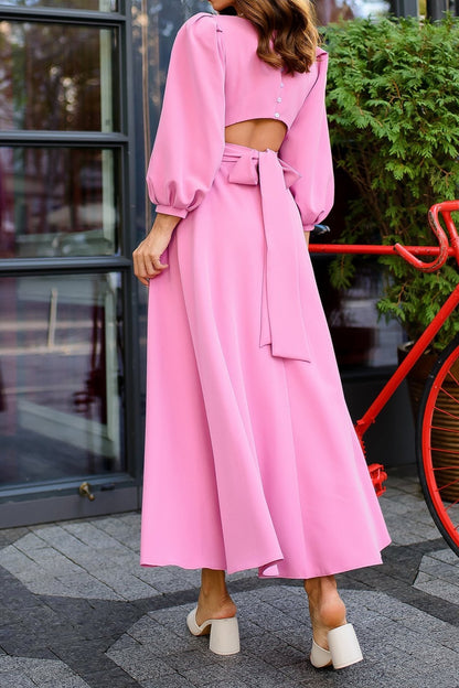 Dusty-Pink Backless Round Neck Ankle Length Long Puff-Sleeve Party Dress Prom Dress